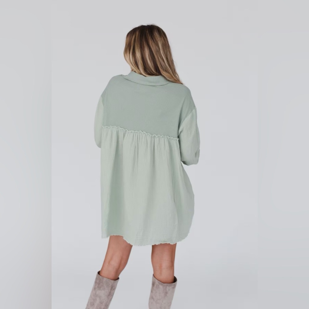Three Bird Nest Long Sleeve Sage Green Button-Up Dress - Picture 7 of 9